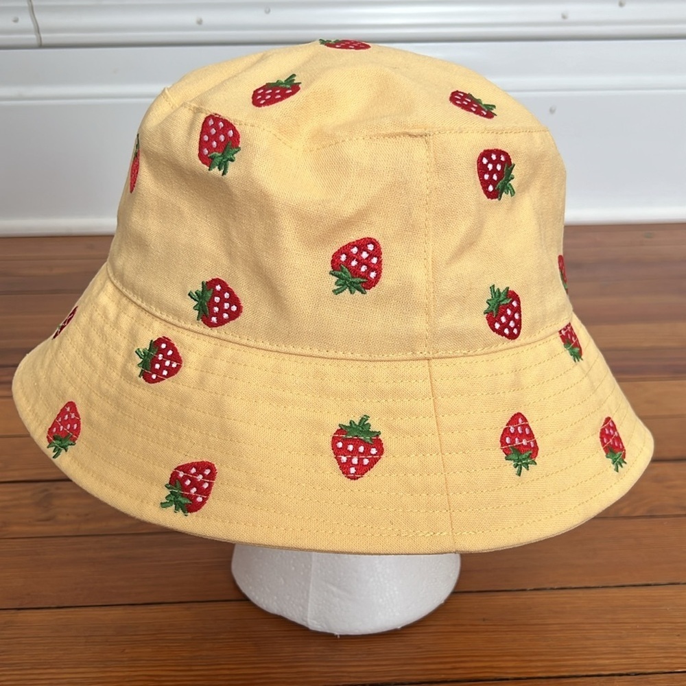 Adorable Yellow Bucket Hat with Strawberry Embroidery - One Size - Picture 3 of 5